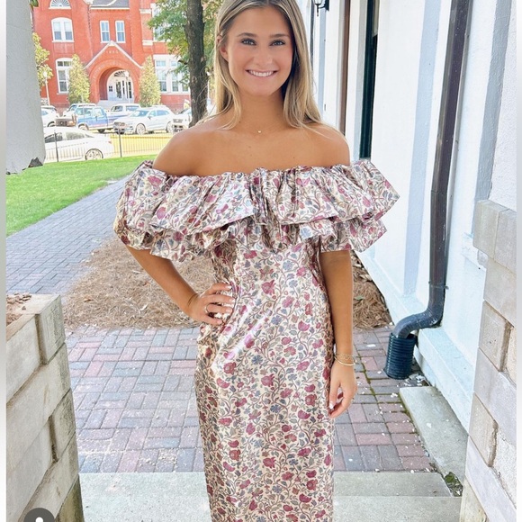 Rhode Off The Shoulder Viola Dress in Cream Vichy Rose - Picture 3 of 6